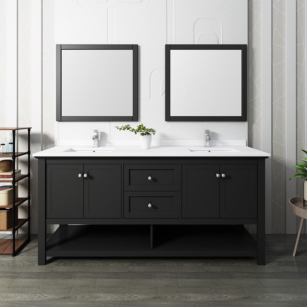 Fresca Manchester 72 Black Traditional Double Sink Bathroom Vanity w/ Mirrors