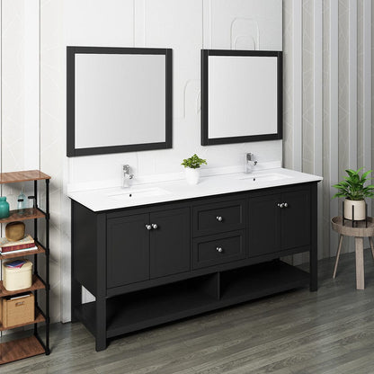 Fresca Manchester 72 Black Traditional Double Sink Bathroom Vanity w/ Mirrors