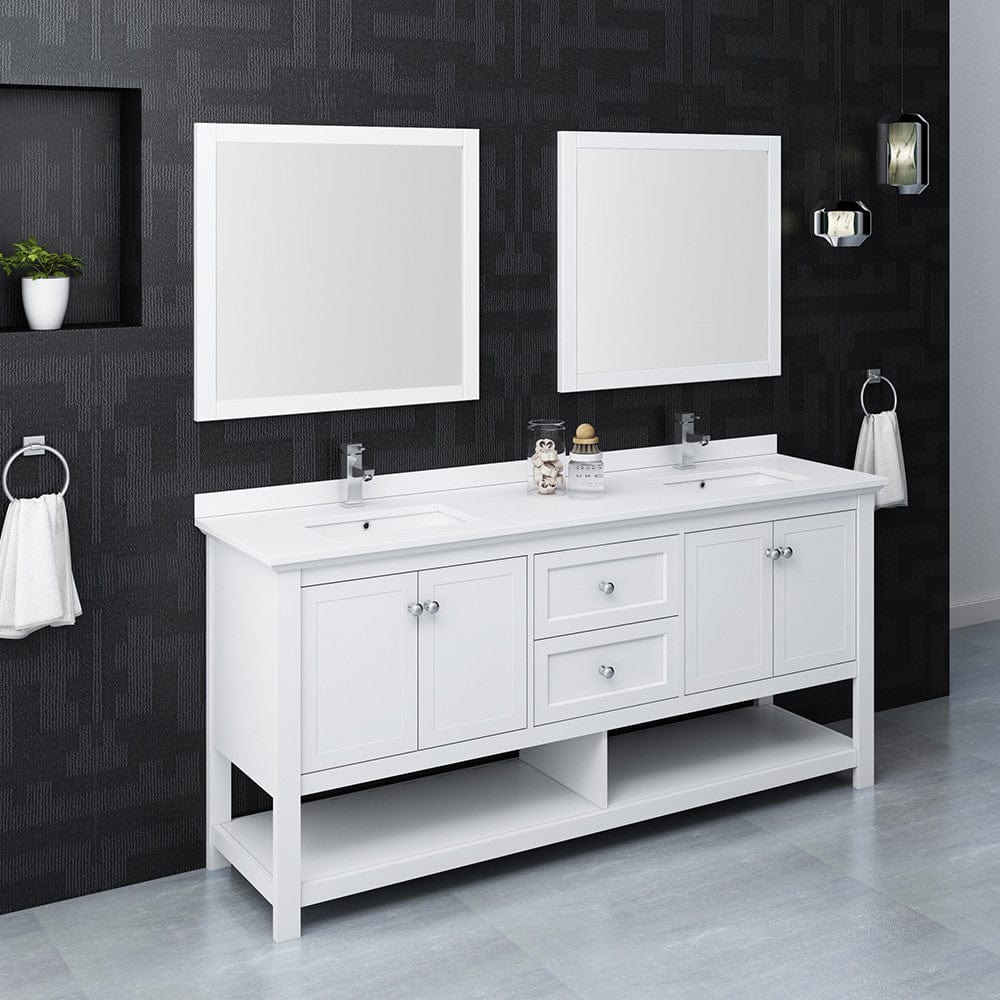 Fresca Manchester 72 White Traditional Double Sink Bathroom Vanity w/ Mirrors