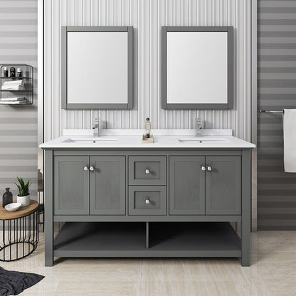 Fresca Manchester Regal 60 Gray Wood Veneer Traditional Double Sink Bathroom Vanity w/ Mirrors