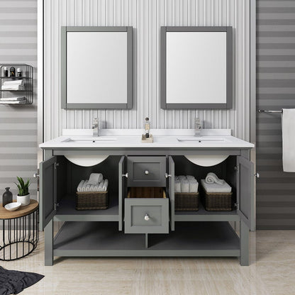 Fresca Manchester Regal 60 Gray Wood Veneer Traditional Double Sink Bathroom Vanity w/ Mirrors