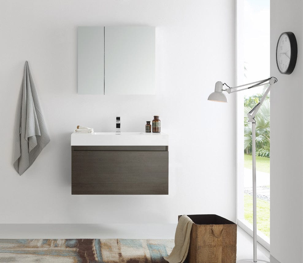 Fresca Mezzo 36 Gray Oak Wall Hung Modern Bathroom Vanity w/ Medicine Cabinet