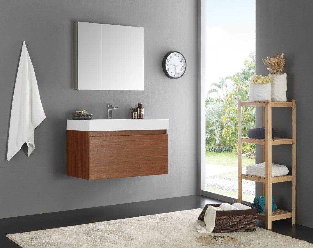 Fresca Mezzo 36" Teak Wall Hung Modern Bathroom Vanity w/ Medicine Cabinet