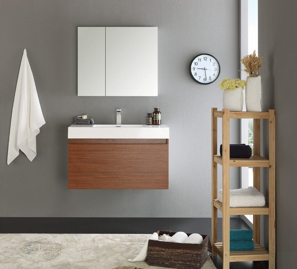 Fresca Mezzo 36 Teak Wall Hung Modern Bathroom Vanity w/ Medicine Cabinet