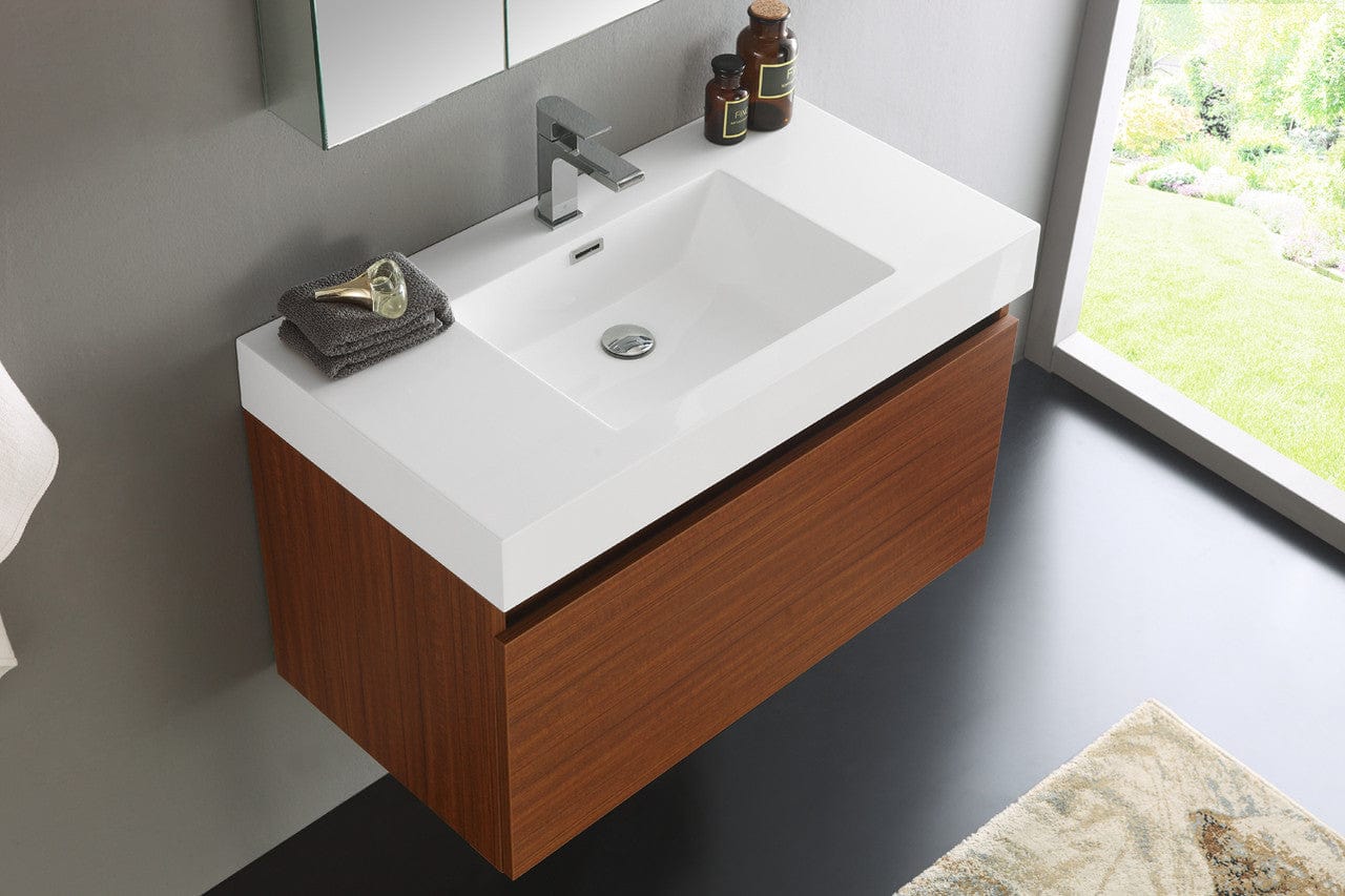 Fresca Mezzo 36 Teak Wall Hung Modern Bathroom Vanity w/ Medicine Cabinet