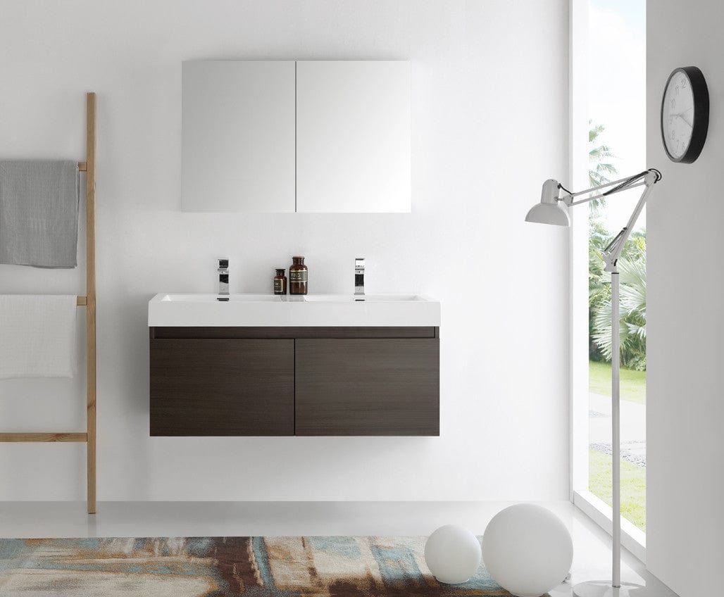 Fresca Mezzo 48 Gray Oak Wall Hung Double Sink Modern Bathroom Vanity w/ Medicine Cabinet