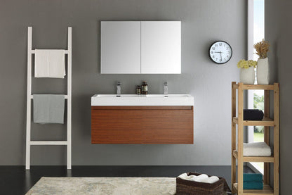 Fresca Mezzo 48 Teak Wall Hung Double Sink Modern Bathroom Vanity w/ Medicine Cabinet