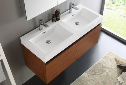 Fresca Mezzo 48 Teak Wall Hung Double Sink Modern Bathroom Vanity w/ Medicine Cabinet