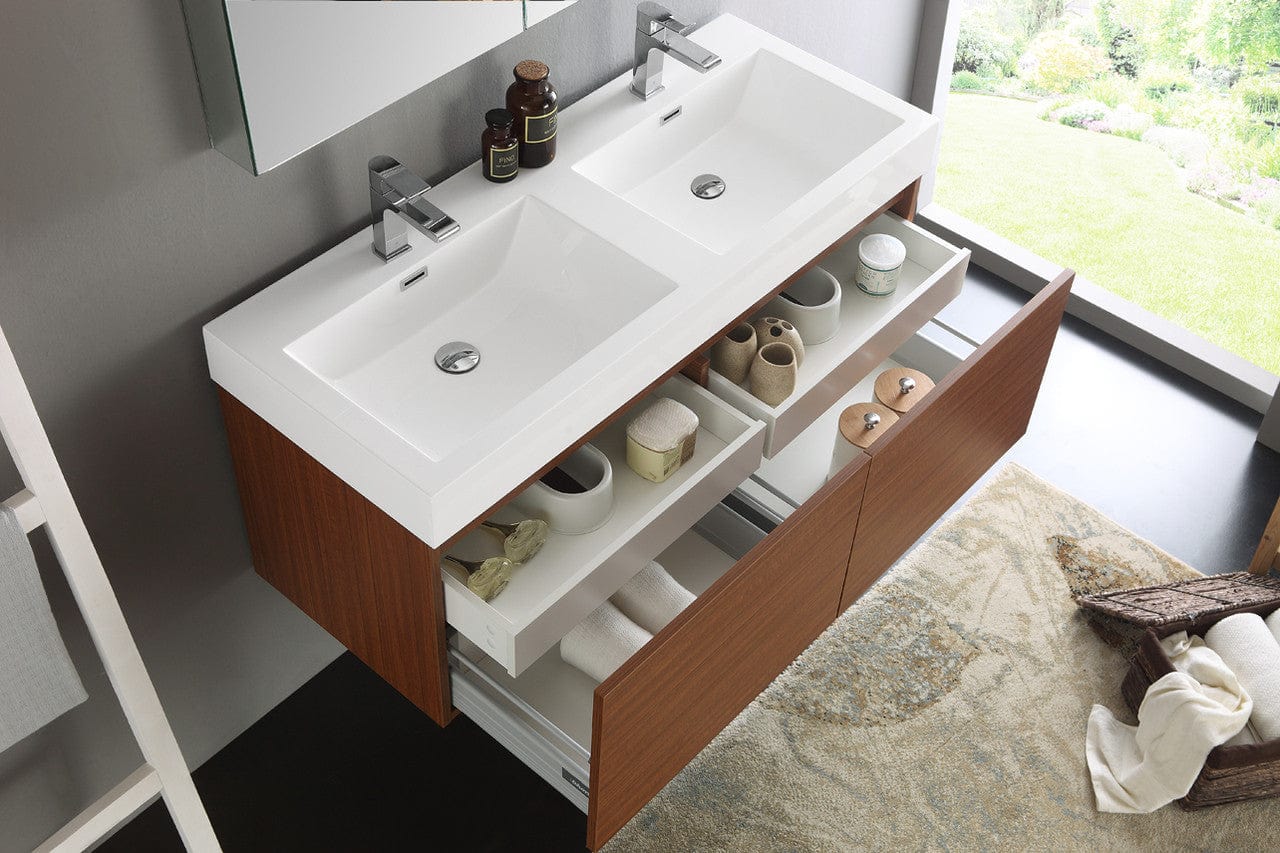 Fresca Mezzo 48 Teak Wall Hung Double Sink Modern Bathroom Vanity w/ Medicine Cabinet