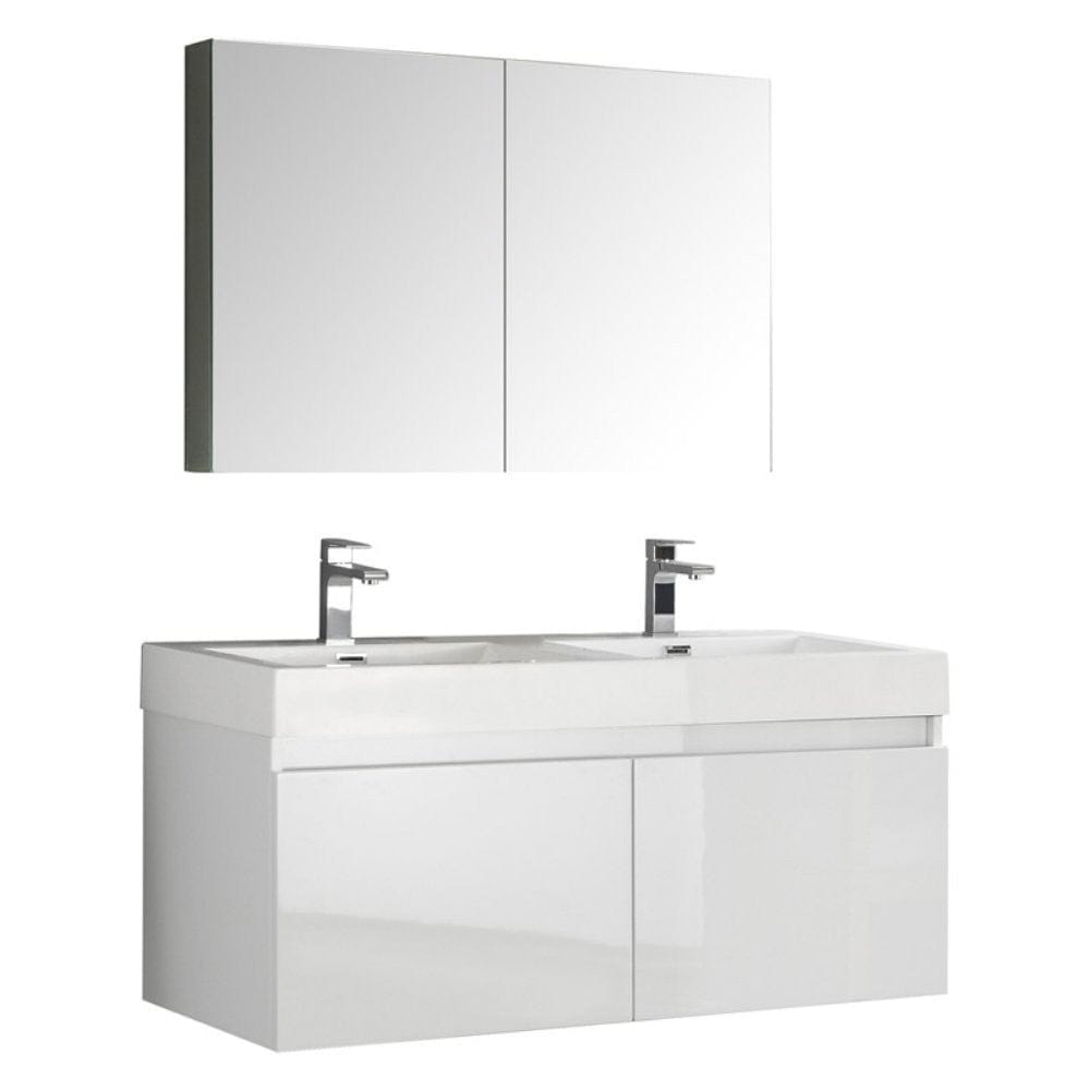 Fresca Mezzo 48" White Wall Hung Double Sink Modern Bathroom Vanity w/ Medicine Cabinet