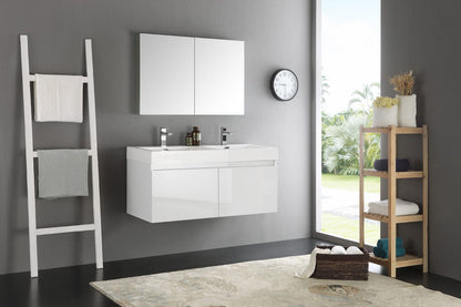 Fresca Mezzo 48" White Wall Hung Double Sink Modern Bathroom Vanity w/ Medicine Cabinet