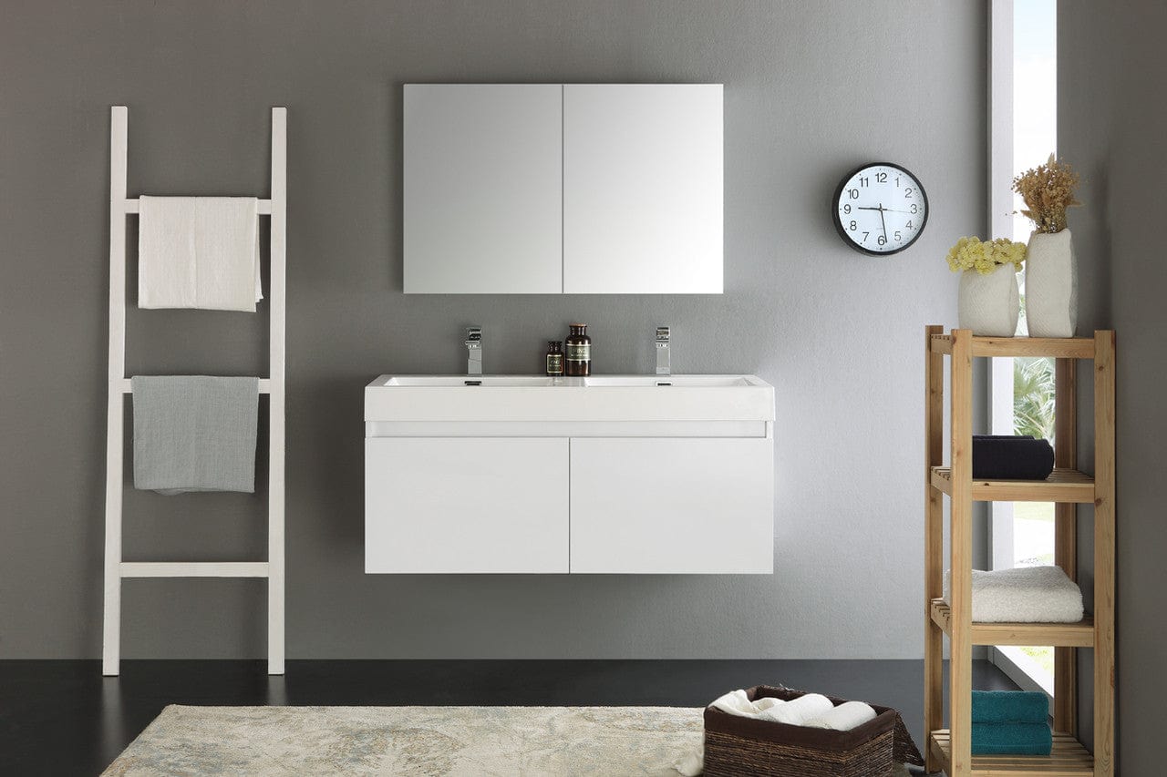 Fresca Mezzo 48 White Wall Hung Double Sink Modern Bathroom Vanity w/ Medicine Cabinet