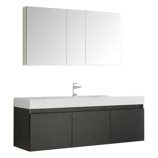 Fresca Mezzo 60" Black Wall Hung Single Sink Modern Bathroom Vanity w/ Medicine Cabinet