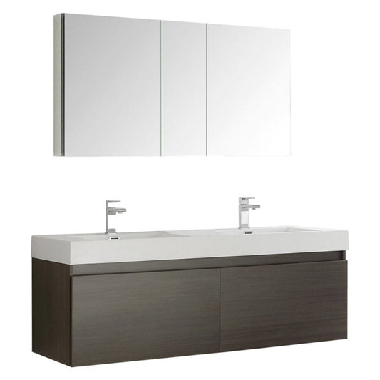 Fresca Mezzo 60" Gray Oak Wall Hung Double Sink Modern Bathroom Vanity w/ Medicine Cabinet