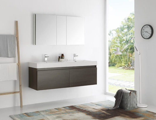 Fresca Mezzo 60" Gray Oak Wall Hung Double Sink Modern Bathroom Vanity w/ Medicine Cabinet