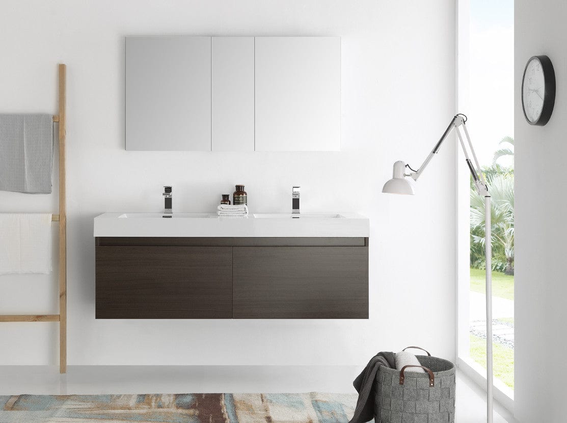 Fresca Mezzo 60 Gray Oak Wall Hung Double Sink Modern Bathroom Vanity w/ Medicine Cabinet