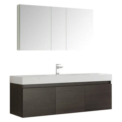 Fresca Mezzo 60" Gray Oak Wall Hung Single Sink Modern Bathroom Vanity w/ Medicine Cabinet