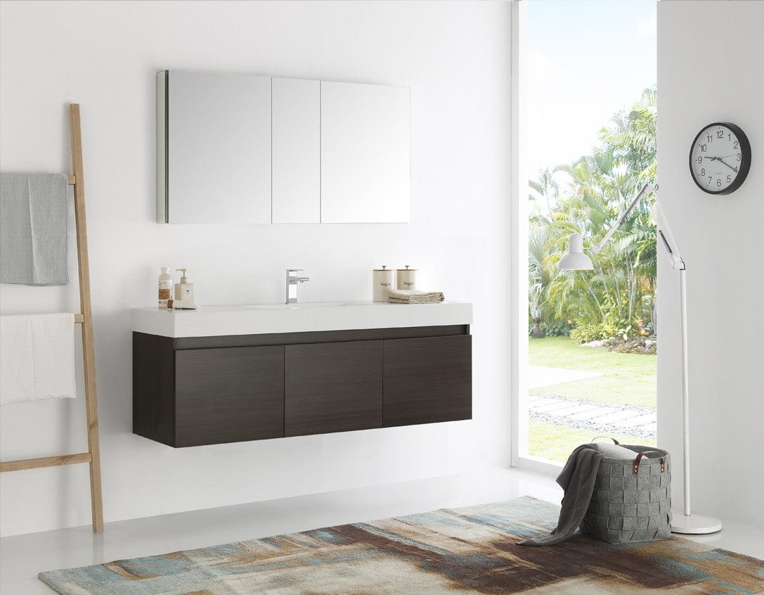 Fresca Mezzo 60 Gray Oak Wall Hung Single Sink Modern Bathroom Vanity w/ Medicine Cabinet