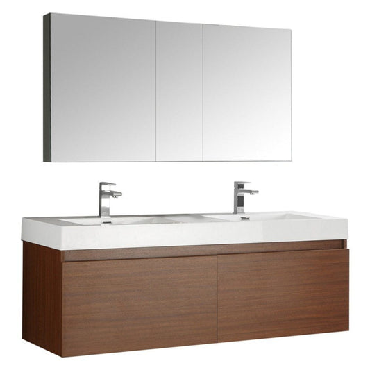 Fresca Mezzo 60" Teak Wall Hung Double Sink Modern Bathroom Vanity w/ Medicine Cabinet