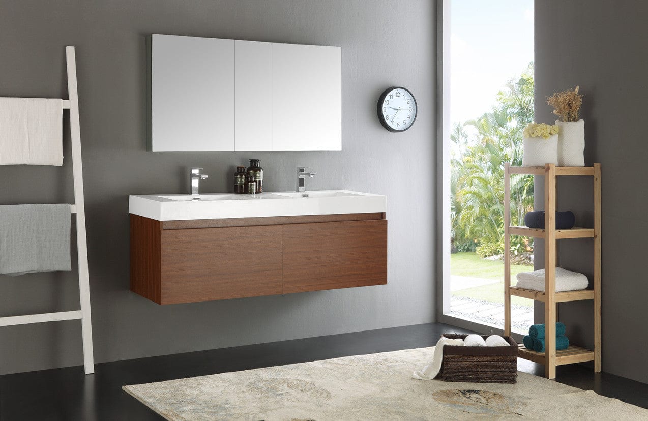 Fresca Mezzo 60" Teak Wall Hung Double Sink Modern Bathroom Vanity w/ Medicine Cabinet