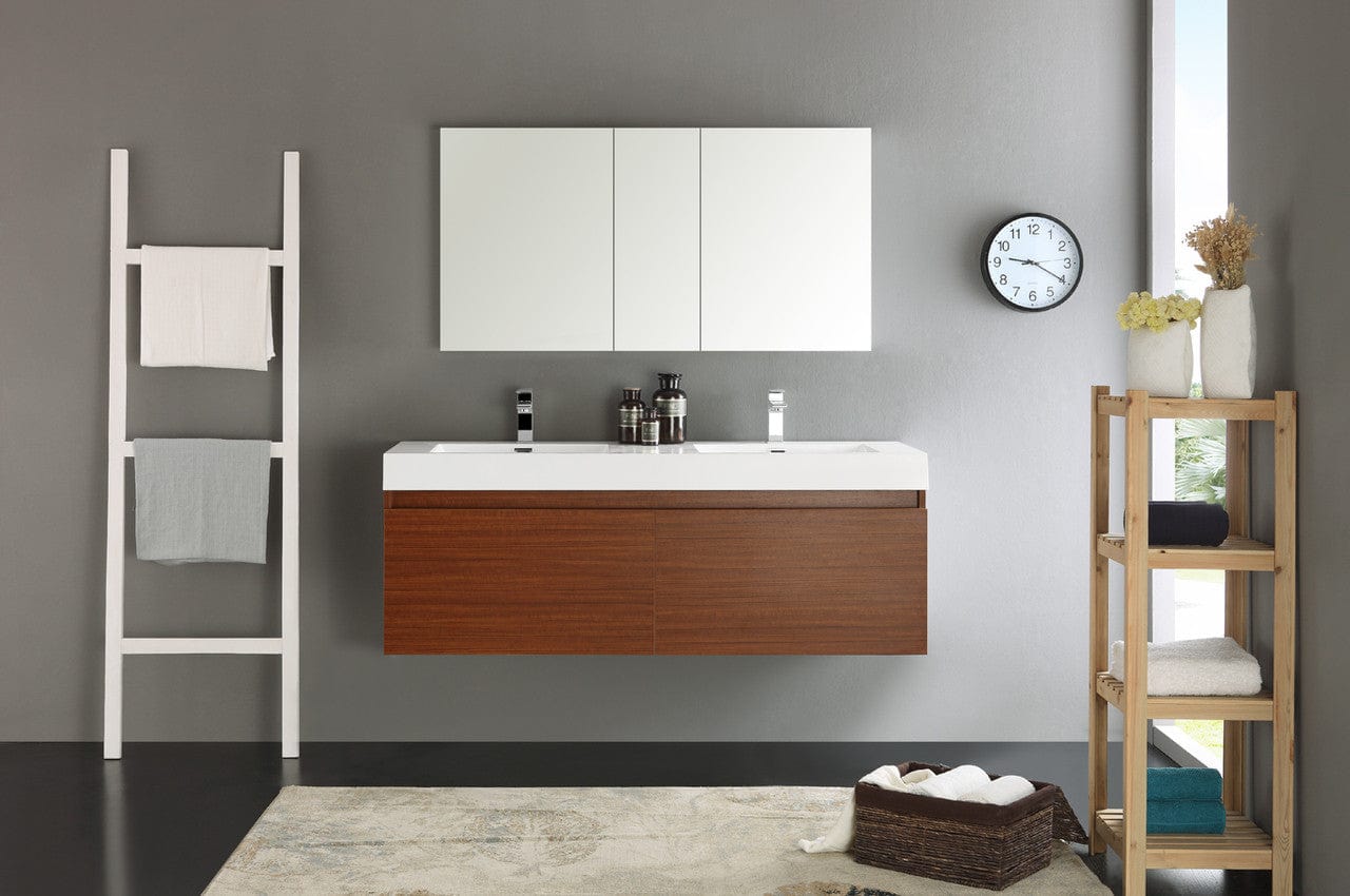 Fresca Mezzo 60 Teak Wall Hung Double Sink Modern Bathroom Vanity w/ Medicine Cabinet