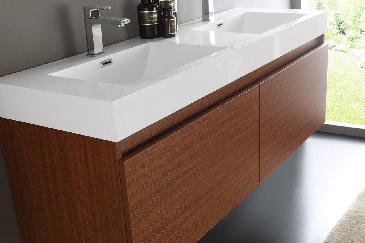 Fresca Mezzo 60 Teak Wall Hung Double Sink Modern Bathroom Vanity w/ Medicine Cabinet