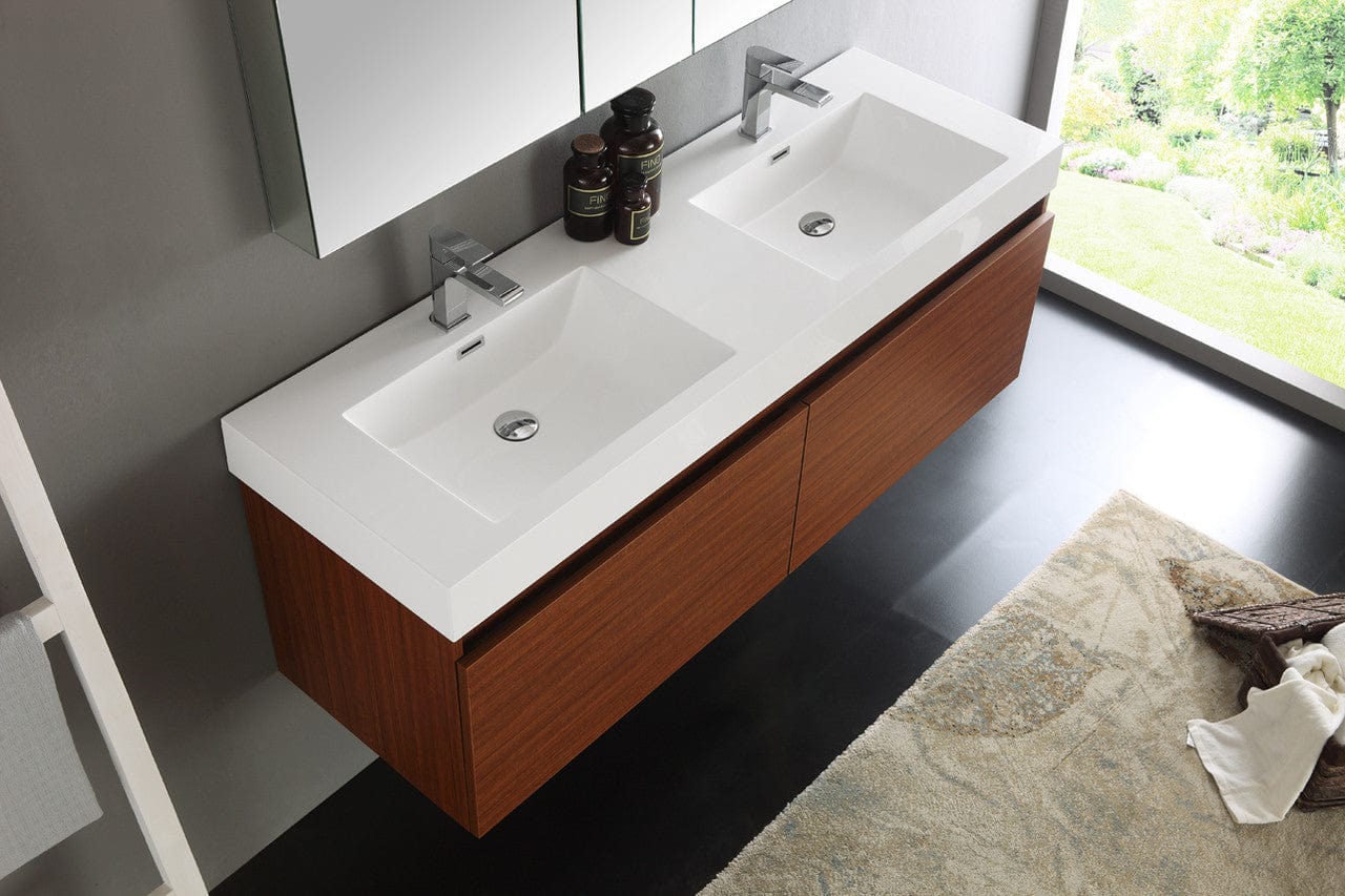 Fresca Mezzo 60 Teak Wall Hung Double Sink Modern Bathroom Vanity w/ Medicine Cabinet