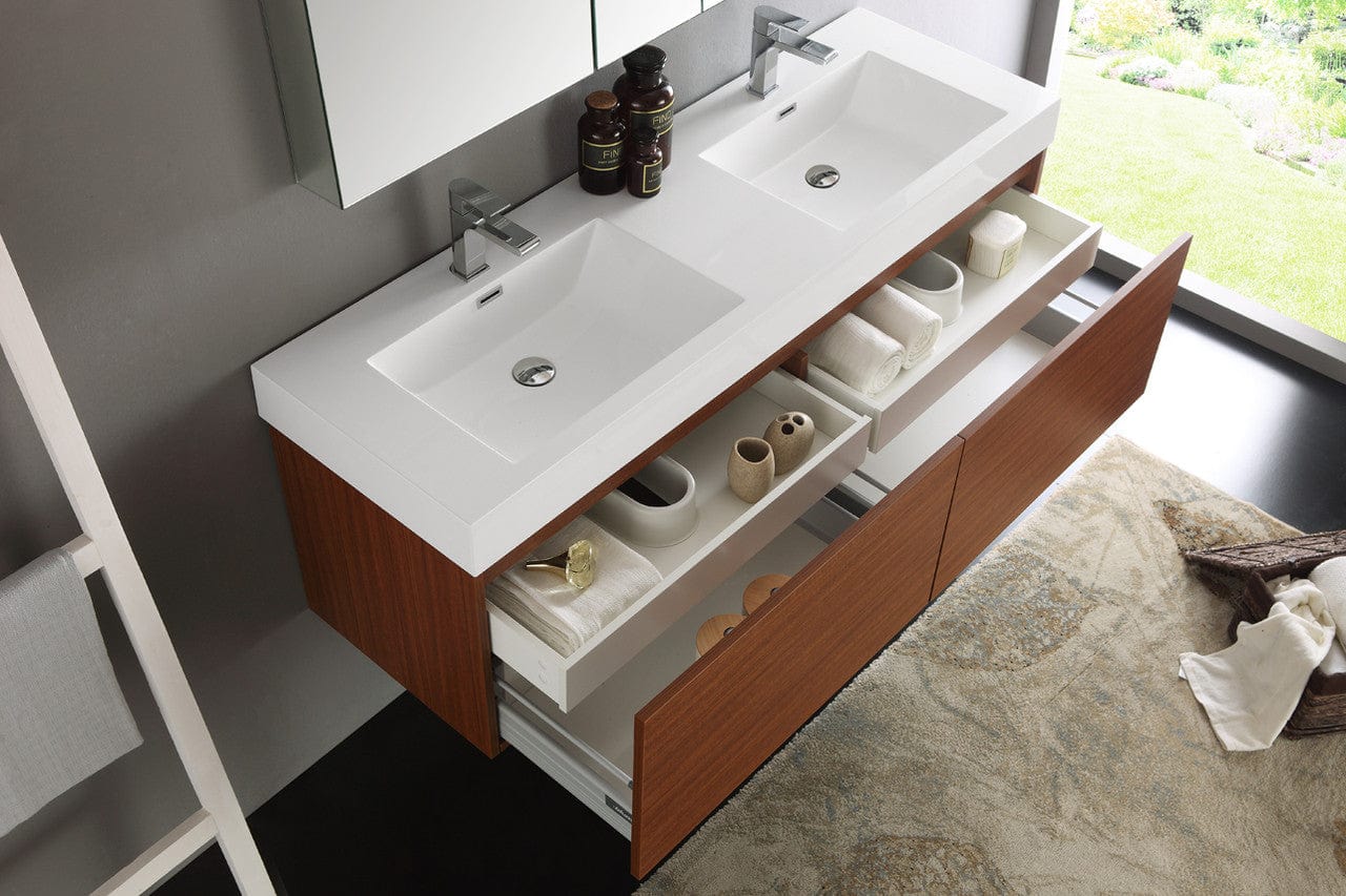 Fresca Mezzo 60 Teak Wall Hung Double Sink Modern Bathroom Vanity w/ Medicine Cabinet