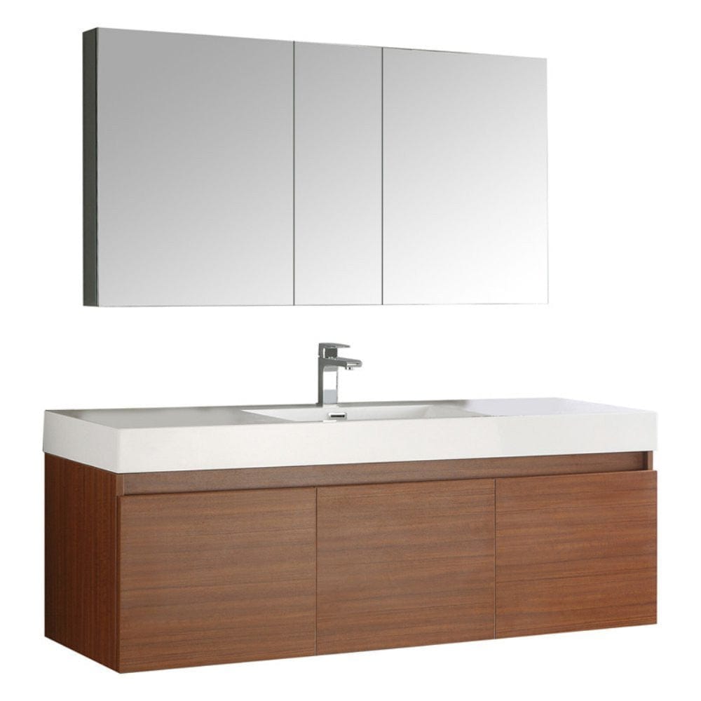 Fresca Mezzo 60" Teak Wall Hung Single Sink Modern Bathroom Vanity w/ Medicine Cabinet