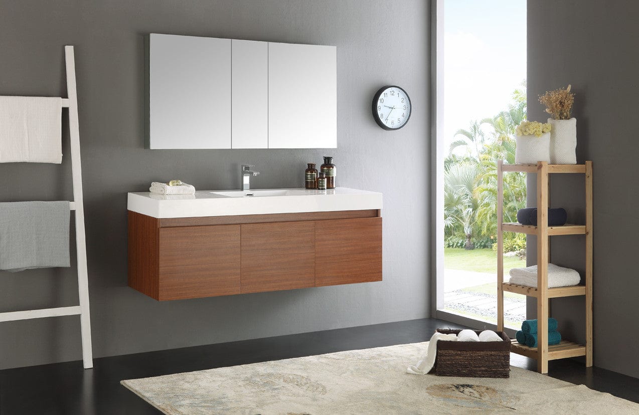 Fresca Mezzo 60" Teak Wall Hung Single Sink Modern Bathroom Vanity w/ Medicine Cabinet