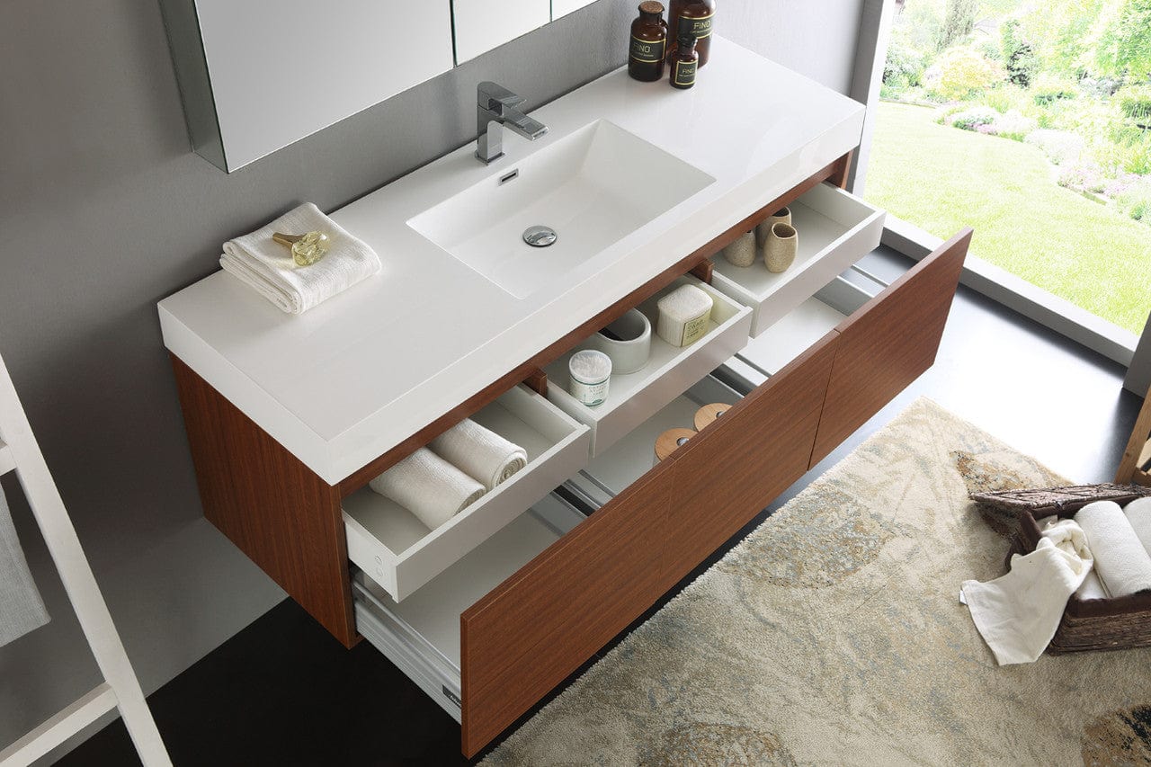 Fresca Mezzo 60 Teak Wall Hung Single Sink Modern Bathroom Vanity w/ Medicine Cabinet