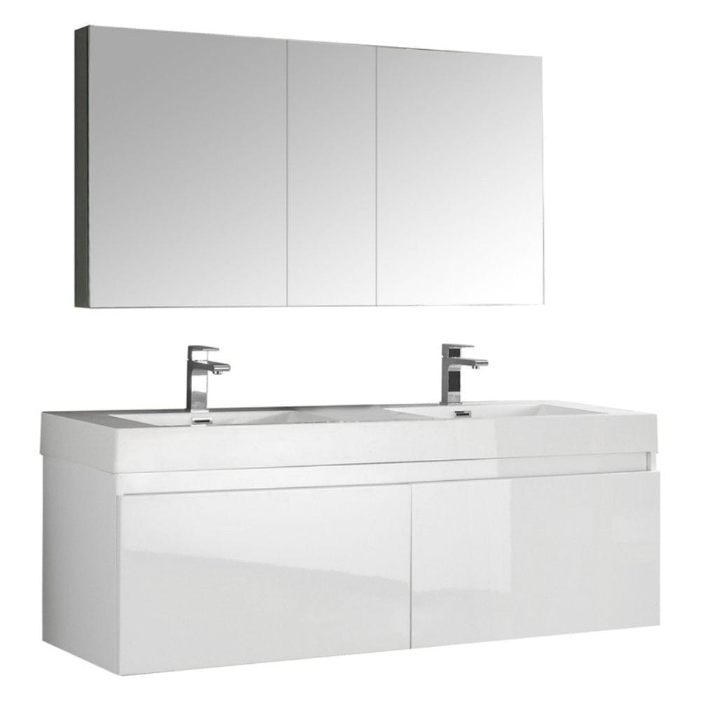 Fresca Mezzo 60" White Wall Hung Double Sink Modern Bathroom Vanity w/ Medicine Cabinet