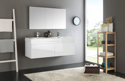 Fresca Mezzo 60" White Wall Hung Double Sink Modern Bathroom Vanity w/ Medicine Cabinet