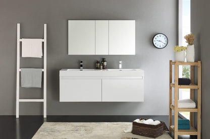 Fresca Mezzo 60 White Wall Hung Double Sink Modern Bathroom Vanity w/ Medicine Cabinet