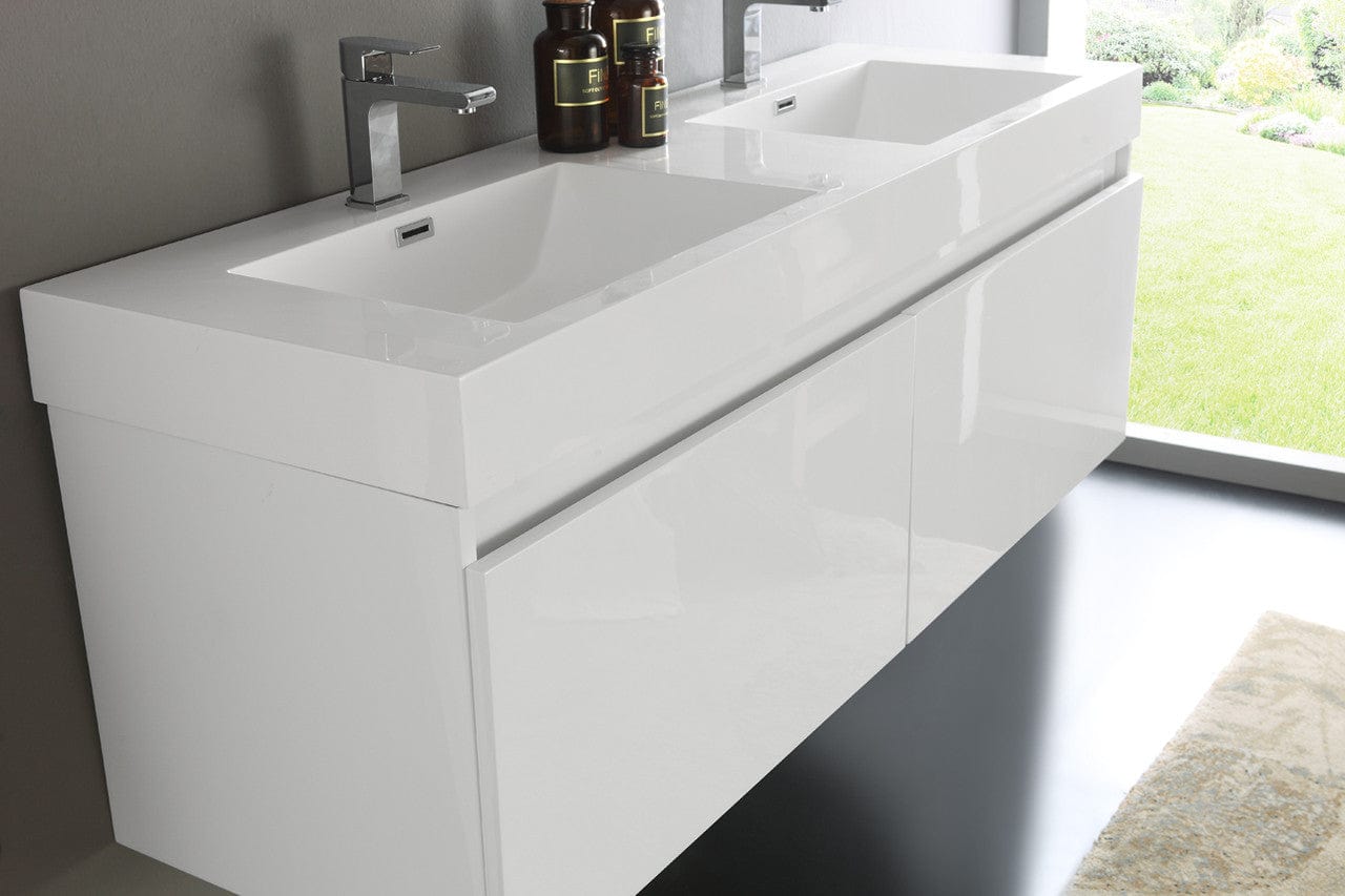 Fresca Mezzo 60 White Wall Hung Double Sink Modern Bathroom Vanity w/ Medicine Cabinet
