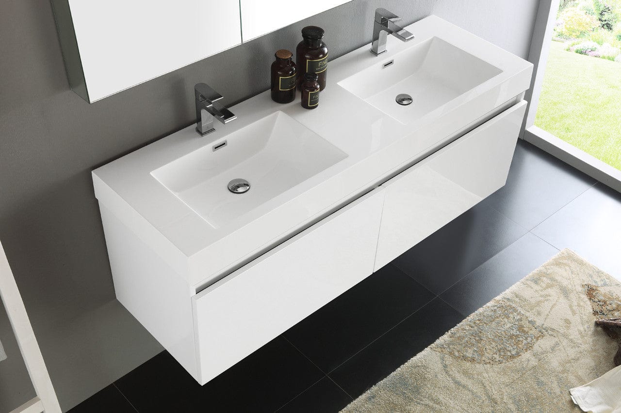 Fresca Mezzo 60 White Wall Hung Double Sink Modern Bathroom Vanity w/ Medicine Cabinet