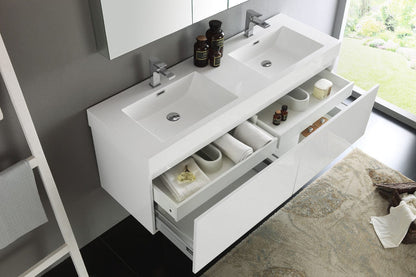 Fresca Mezzo 60 White Wall Hung Double Sink Modern Bathroom Vanity w/ Medicine Cabinet