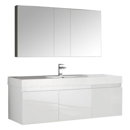 Fresca Mezzo 60" White Wall Hung Single Sink Modern Bathroom Vanity w/ Medicine Cabinet 