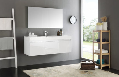 Fresca Mezzo 60" White Wall Hung Single Sink Modern Bathroom Vanity w/ Medicine Cabinet