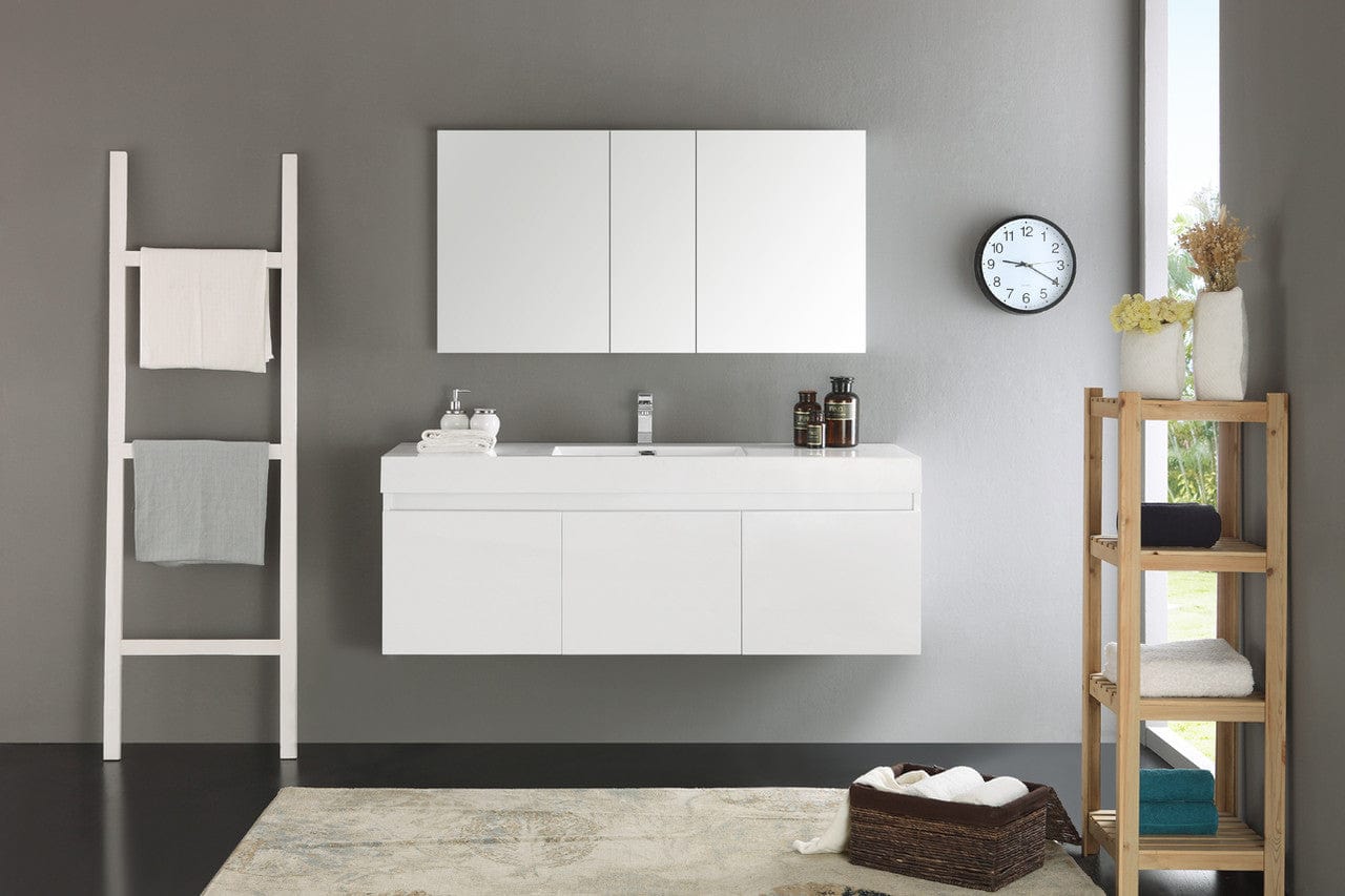 Fresca Mezzo 60 White Wall Hung Single Sink Modern Bathroom Vanity w/ Medicine Cabinet