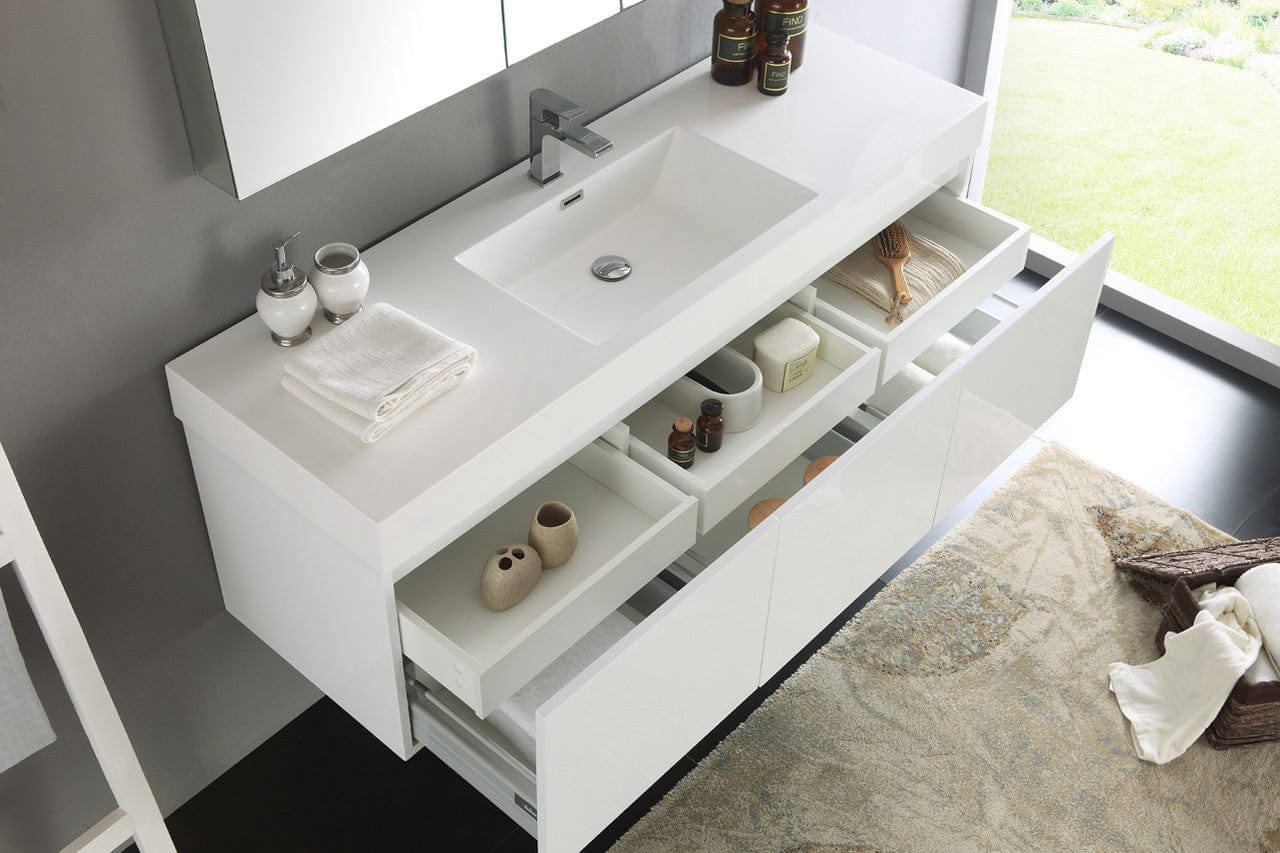 Fresca Mezzo 60 White Wall Hung Single Sink Modern Bathroom Vanity w/ Medicine Cabinet