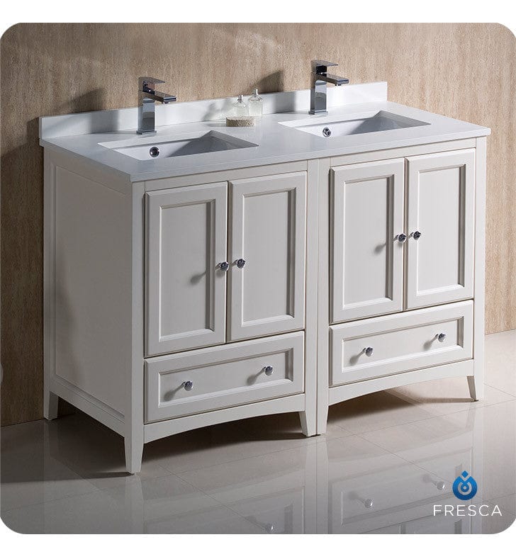 Fresca Oxford 48 Antique White Traditional Double Sink Bathroom Cabinets w/ Top & Sinks