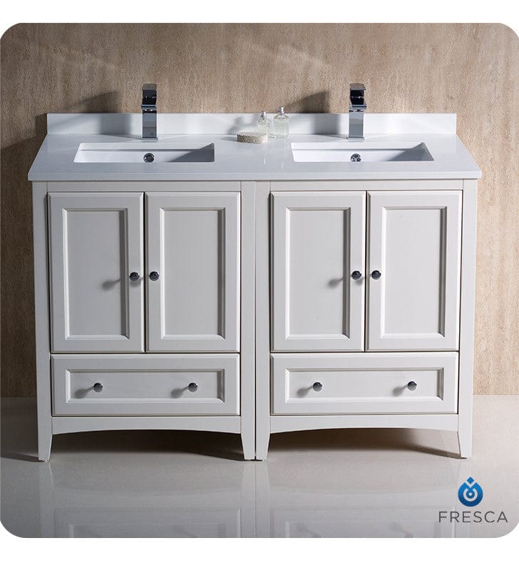 Fresca Oxford 48 Antique White Traditional Double Sink Bathroom Cabinets w/ Top & Sinks