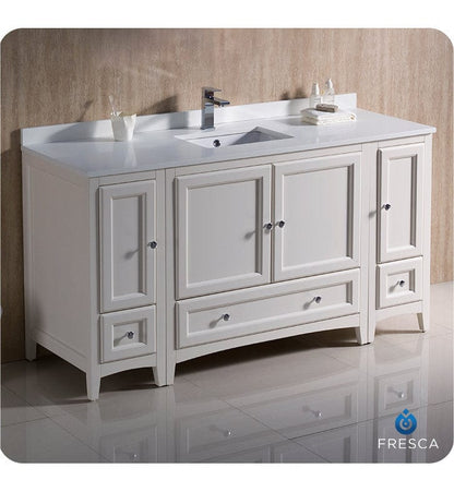 Fresca Oxford 60 Antique White Traditional Bathroom Cabinets w/ Top & Sink