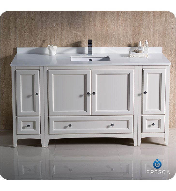 Fresca Oxford 60 Antique White Traditional Bathroom Cabinets w/ Top & Sink