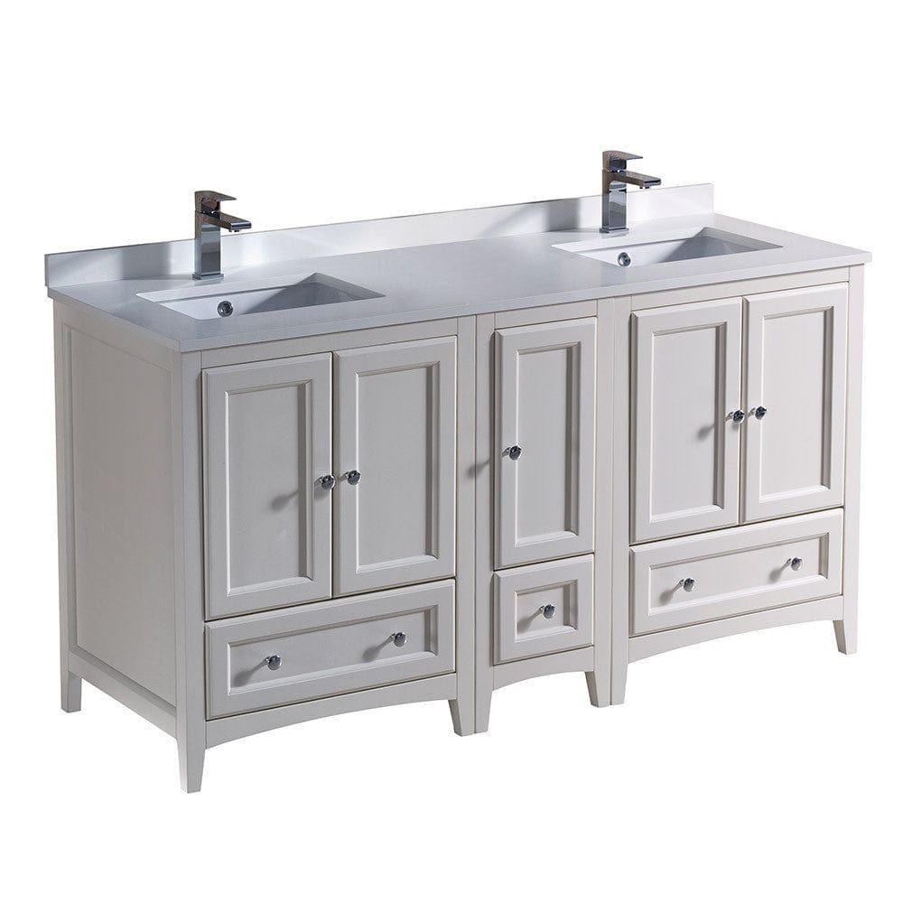 Fresca Oxford 60 Antique White Traditional Double Sink Bathroom Cabinets w/ Top & Sinks