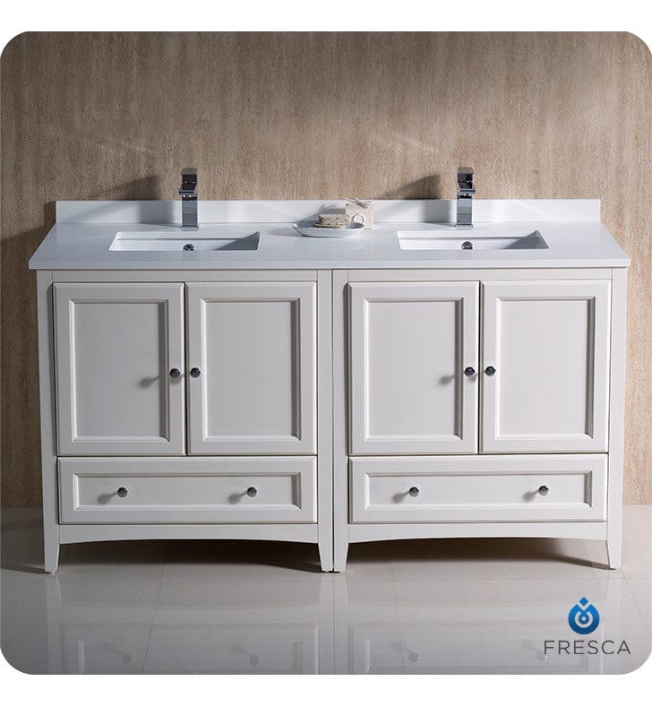 Fresca Oxford 60 Antique White Traditional Double Sink Bathroom Cabinets w/ Top & Sinks