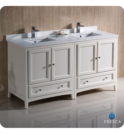 Fresca Oxford 60 Antique White Traditional Double Sink Bathroom Cabinets w/ Top & Sinks