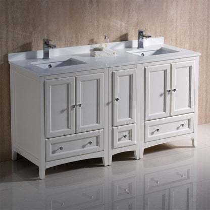 Fresca Oxford 60 Antique White Traditional Double Sink Bathroom Cabinets w/ Top & Sinks