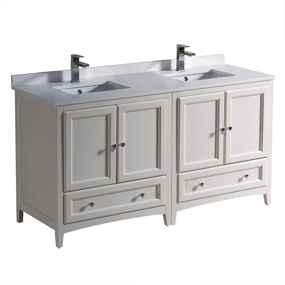 Fresca Oxford 60 Antique White Traditional Double Sink Bathroom Cabinets w/ Top & Sinks